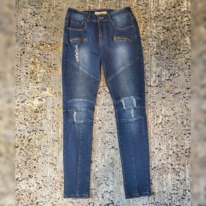 Moto Biker Denim Blue Skinny Jeans - 7